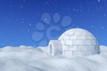 Winter north polar snowy landscape - eskimo house igloo icehouse made with white snow on surface of snow field under cold north blue sky with snowfall 3d illustration.