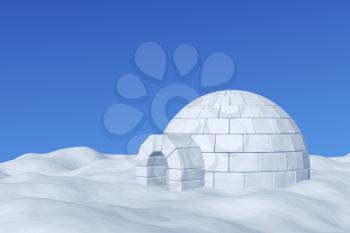 Winter north polar snowy landscape - eskimo house igloo icehouse made with white snow on the surface of snow field under cold north blue sky, 3d illustration.