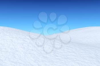 White snowy field with hills and smooth snow surface under bright clear winter blue sky, winter snow background 3d illustration