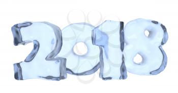New Year 2018 sign text written with numbers made of clear blue ice, Happy New Year 2018 winter icy symbol 3d illustration isolated on white
