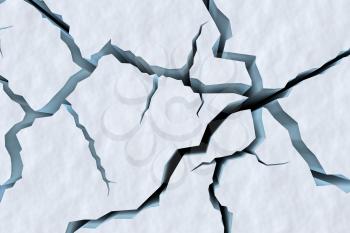 Danger on the show surface concept abstract illustration: cracks in blue ice of cracked glacier in textured white snow surface under sunlight top view, winter 3d illustration