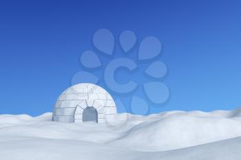 Winter north polar snowy landscape - eskimo house igloo icehouse made with white snow on the surface of snow field under cold north winter blue sky 3d illustration