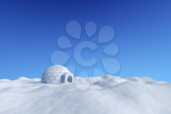 Winter north polar snowy landscape - eskimo house igloo icehouse made with white snow on the surface of snow field under cold north blue sky, 3d illustration