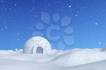 Winter north polar snowy landscape - eskimo house igloo icehouse made with white snow on snow surface of snow field under cold north blue sky with snowfall, 3d illustration