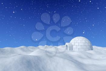 Winter north polar snowy landscape - eskimo house igloo icehouse made with white snow on surface of snow field under cold north blue sky with snowfall 3d illustration