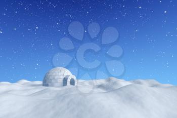 Winter north polar snowy landscape - eskimo house igloo icehouse made with white snow on the surface of snow field under cold north blue sky with snowfall, 3d illustration