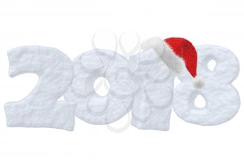 New Year 2018 snow sign text written with numbers made of snow with Santa Claus fluffy red hat, New Year 2018 winter snow symbol 3d illustration isolated on white