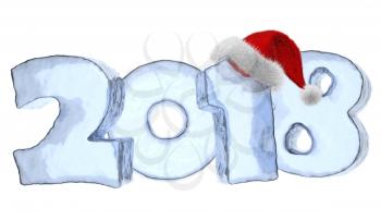 2018 new year sign text written with numbers made of blue ice with Santa Claus fluffy red hat, Happy New Year 2018 winter icy symbol 3d illustration isolated on white