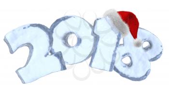 New Year 2018 text written with numbers made of clear blue ice with Santa Claus fluffy red hat, new year 2018 winter icy symbol 3d illustration isolated on white