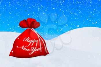 Santa Claus red bag with sign Happy New Year on the white snow under snowfall and blue sky 3d illustration