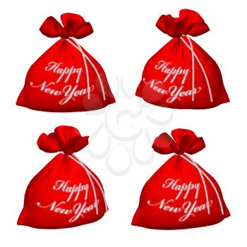 Set of Santa Claus red bags with sign Happy New Year isolated on white background 3d illustration