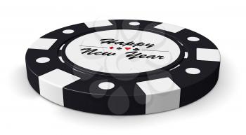 Happy New Year black casino chip with sign on white background 3D illustration