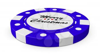 Merry Christmas gamble blue casino chip with sign on white background 3D illustration