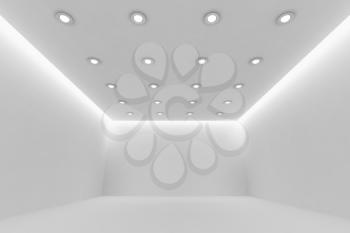 Abstract architecture white room interior - empty white room with white wall, white floor, white ceiling with small round ceiling lamps and hidden ceiling lights wide view, 3d illustration