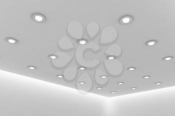 Abstract architecture white room interior - office ceiling of empty white room with white wall, white floor, white ceiling with small round ceiling lamps and hidden ceiling lights, 3d illustration