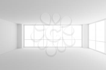 Business architecture white colorless office room interior - empty white business office room with white floor, ceiling, walls and two large windows and empty space 3d illustration