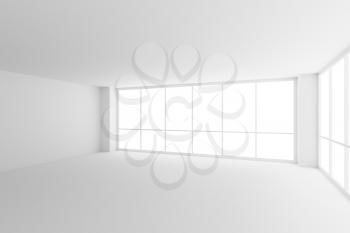 Business architecture white colorless office room interior - two large windows in empty white business office room with white floor, ceiling, walls and empty space, 3d illustration