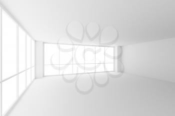 Business architecture white colorless office room interior - empty white business office room with white floor, ceiling, walls and two large windows and empty space, 3d illustration.