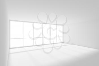 Business architecture white colorless office room interior - white empty business office room with white floor, ceiling and walls and sunlight from wide large window, 3d illustration