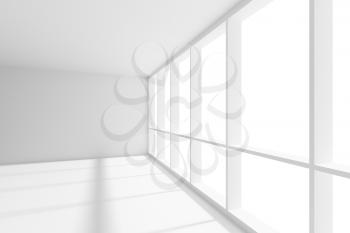 Business architecture white colorless office room interior - big window in empty white business office room with white floor, ceiling and walls and sunlight, 3d illustration
