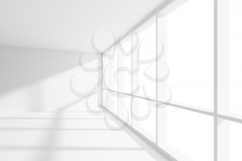 Business architecture white colorless office room interior - empty white business office room with white floor, ceiling and walls and sunlight from large window, 3d illustration, closeup.