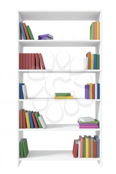 White bookcase with many different color books on bookshelves isolated on white under direct light, 3D illustration