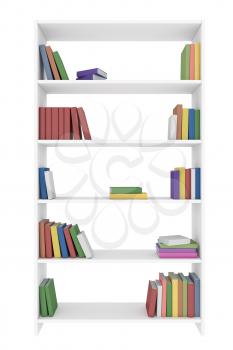 White bookcase with many different color books on bookshelves isolated on white, 3D illustration