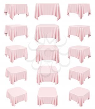 Pink square table cloth with rounded corners, set isolated on white, 3d illustration collection