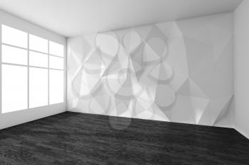 Empty white room interior with wall with rumpled triangular geometric surface with sun light, window, black wooden parquet floor and ceiling, 3d illustration