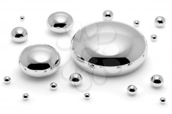 Shiny mercury (Hg) metal drops and droplets isolated on white background