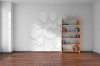 Empty room with white wall, dark wooden parquet floor and wooden bookshelf with many color books on shelves with light from window on white wall and parquet floor, minimalist interior 3D illustration