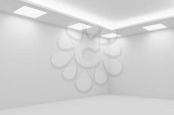 Abstract architecture white room interior - corner of empty white room with white wall, white floor, white ceiling with square ceiling lamps and hidden ceiling lights, 3d illustration
