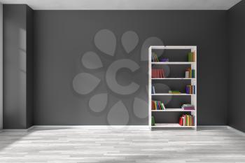 Empty room with black wall, white parquet floor and white bookshelf with many color books on shelves with light from window on black wall and parquet floor, minimalist interior 3D illustration