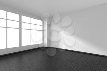 Black and white empty room with black hardwood parquet floor, big window and white walls and sunlight from window minimalist interior, 3d illustration