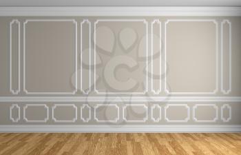 Beige wall with white decorative moldings elements on wall in classic style empty room with wooden parquet floor and white baseboard, classic style architectural background 3d illustration interior