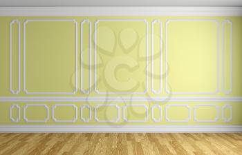Yellow wall with white decorative moldings elements on wall in classic style empty room with wooden parquet floor and white baseboard, classic style architectural background 3d illustration interior