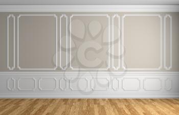 Beige wall with white moldings and decorations on wall in classic style empty room with wooden parquet floor and white baseboard, classic style architectural background 3d illustration interior