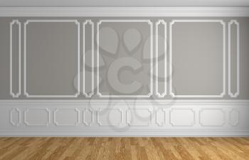 Gray wall with white moldings and decorations on wall in classic style empty room with wooden parquet floor and white baseboard, classic style architectural background 3d illustration interior