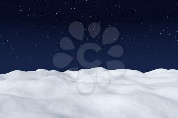 White snow field with hills and smooth snow surface under bright clear winter night north sky with bright stars winter arctic minimalist landscape background 3d illustration.