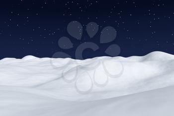 White snow field with hills and smooth snow surface under bright clear winter night north sky with bright stars winter arctic minimalist landscape background, 3d illustration