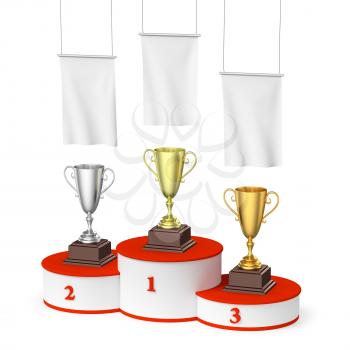 Sports winning, competition and championship  success concept - winners trophy cups on round sports pedestal, winners podium with red stairs and blank white flags, 3d illustration, right top view