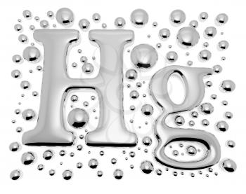 Small shiny mercury (Hg) metal chemical element sign of toxic mercury metal with drops and droplets of toxic mercury liquid isolated on white, 3d illustration
