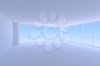 Business architecture office room interior - empty blue business office room with two large windows with morning blue sky light, 3d illustration