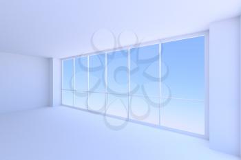 Business architecture office room interior - large window with morning blue sky light in empty blue business office room with floor, ceiling and walls, 3d illustration