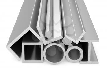 Metallurgical industry products - rolled steel metal products (pipes, profiles, girders, bars, balks and armature) on white, industrial 3D illustration