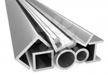 Metallurgical industry products - rolled metal steel products (pipes, profiles, girders, bars, balks and armature) on white, industrial 3D illustration