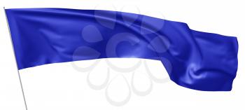 Long blue flag on flagpole flying and waving in wind isolated on white 3d illustration.