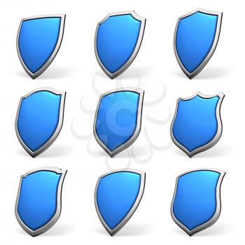 Protection, defense and security concept symbol: blue shield isolated on white background collection set