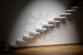 Business rise, forward achievement, progress way, success and hope creative concept: Ascending stairs of rising staircase in dark empty room with spot light with parquet floor and plinth 3d illustration