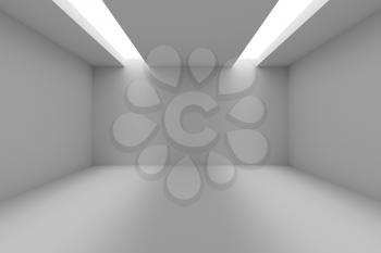 Abstract industrial architecture interior: empty room with white walls, floor and ceiling and with opening in ceiling for lighting, 3d illustration